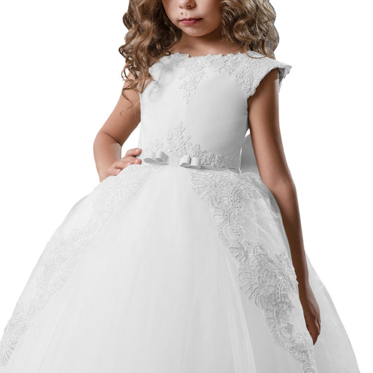 First Communion Dress Tulle Satin Lace Cap Sleeves Pageant Fancy Girls Ball Gown Princess kids Birthday Dresses Flower Girl Dress