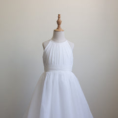 Ivory Flower Girls Dress Sleeveless Princess Chiffon Halter Wedding Dress Bridesmaid Party Birthday Formal Flower Girl Dress