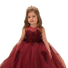Sleeveless Wine Red Flower Girl Dress Lace Dance Gown Long A Line Tulle Dresses for Party Ball Gown