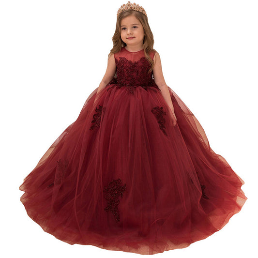Sleeveless Wine Red Flower Girl Dress Lace Dance Gown Long A Line Tulle Dresses for Party Ball Gown