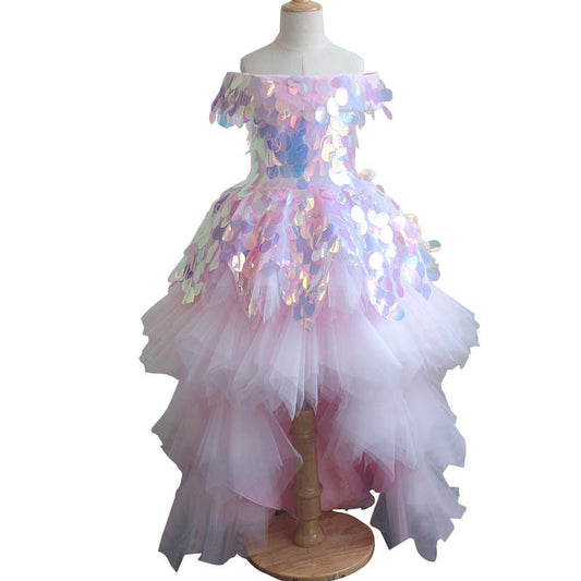 Flower Girl Dress Birday Party Costume Glitter Big Sequins Princess Spangle Dress Layered Wedding Dresses