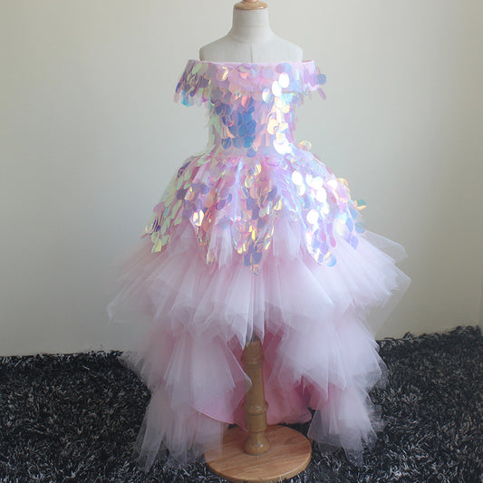 Flower Girl Dress Birday Party Costume Glitter Big Sequins Princess Spangle Dress Layered Wedding Dresses