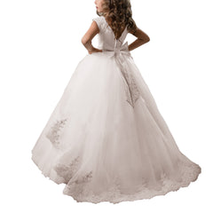 First Communion Dress Tulle Satin Lace Cap Sleeves Pageant Fancy Girls Ball Gown Princess kids Birthday Dresses Flower Girl Dress