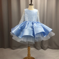 Girl's Sequins with Bow Long Sleeves Party Dress Ruffle Princess Dress