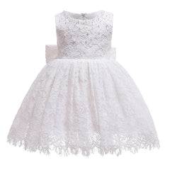 Cute Sleeveless Lace Christening Dress with Bow and Bonnet Lovely Princess Dresses