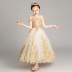 Off Shoulder Girl Wedding Dress Golden Sequin Lace Kids Party  Trailing Gowns Kids Baptism Pageant Gown Flower Girl Dresses