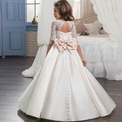 First Communion Dresses for Weddings Half Sleeves Ball Gown with Bow for Girls Beading O-Neck Flower Girl Dress