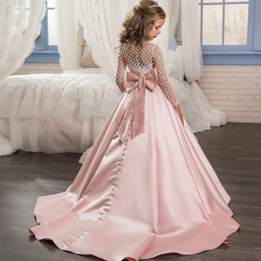 Long Sleeves Christmas Flower Girl Dress Floor Length Button Draped Tulle Ball Gowns for First Communion Pageant Birthday Party