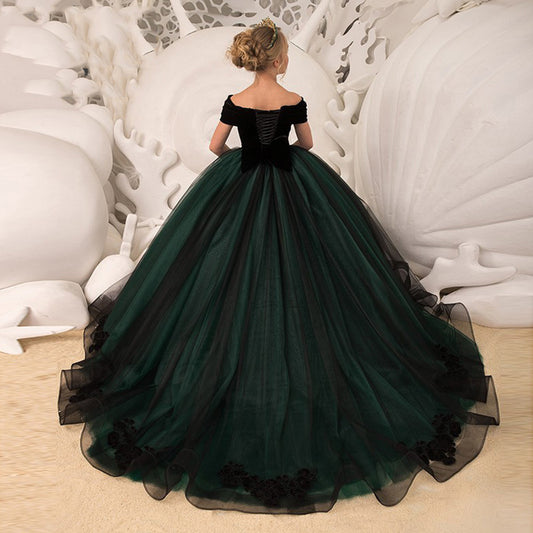 Dark Green Velvet Flower Girl Dress Birthday Wedding party Bridesmaid Holiday Black Velvet Flower Girl Dress