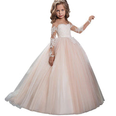 Communion Ball Gowns  Long Sleeves Lace Champagne Vintage  Princess Dresses Flower Girl Dresses for Wedding