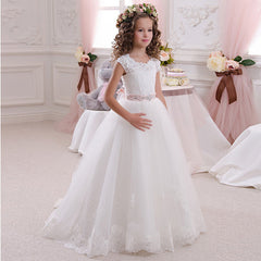 First Communion Princess Dress for Girls with Lace Round Neck Sleeveless Children Puffy Dress (pink sash detachable)
