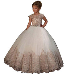 Flower Girl Dresses for Wedding Short Sleeve Lace Appliques Buttons Back Pageant Dresses Ball Gowns Princess Birthday Dresses