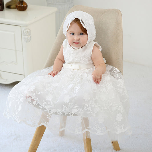 Baby Embroidered Christening Sleeveless Gown Newborn infant Gown with Bonnet Set
