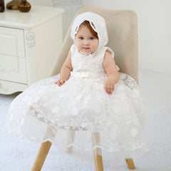 Baby Embroidered Christening Sleeveless Gown Newborn infant Gown with Bonnet Set