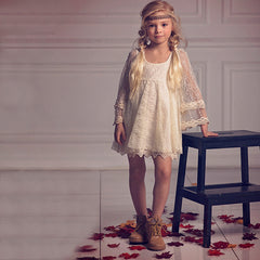 Little Girl Country Flower Girl Dress White Lace Birthday Party Romper Long Sleeves Princess Dress for Kids