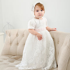 New Arrival Noble Baby Girls Christening Dress White Baptism Gown Lace WITH BONNET Dress 0-24month