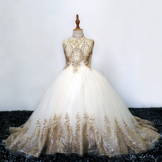 Gold Lace Flower Girls Pageant Dresses for Wedding Long Puffy Prom Tulle Pageant Ball Gown princess girls dress