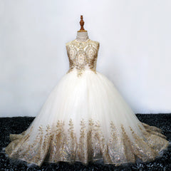 Gold Lace Flower Girls Pageant Dresses for Wedding Long Puffy Prom Tulle Pageant Ball Gown princess girls dress