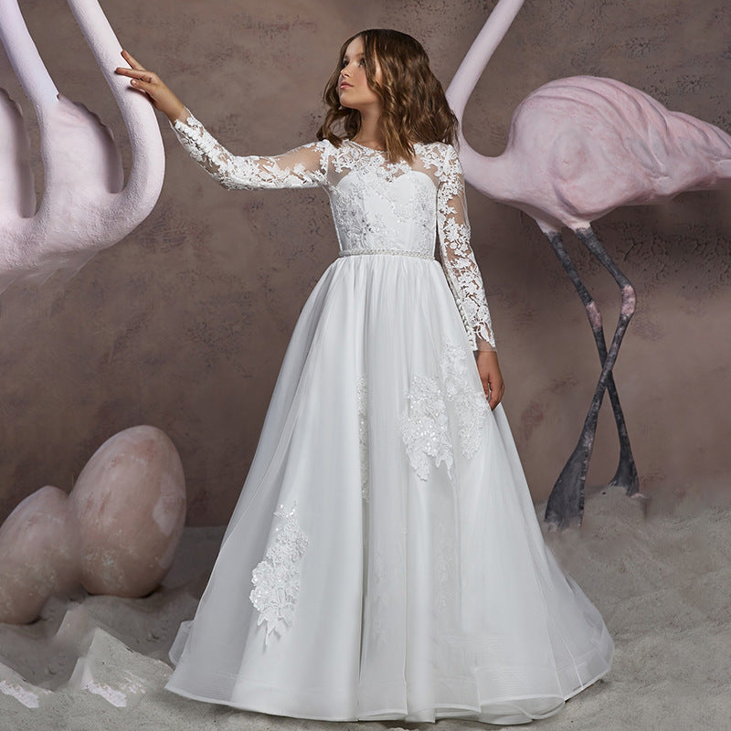 First Communion Dress Long Sleeves White Embroidery Sheer Princess Formal Dress, Ivory / 12