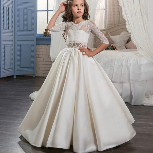 First Communion Dresses for Weddings Half Sleeves Ball Gown with Bow for Girls Beading O-Neck Flower Girl Dress