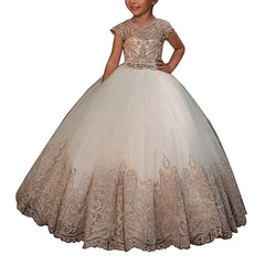 Flower Girl Dresses for Wedding Short Sleeve Lace Appliques Buttons Back Pageant Dresses Ball Gowns Princess Birthday Dresses