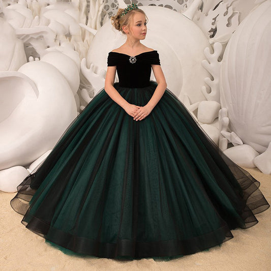 Dark Green Velvet Flower Girl Dress Birthday Wedding party Bridesmaid Holiday Black Velvet Flower Girl Dress