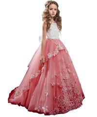 Kids Lace Beaded Pageant Ball Gowns long girls first communion dress with bow flower puffy kids ball gowns for girls