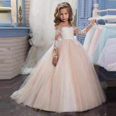 Flower Girl Dresses for Wedding Long Sleeves Lace Champagne Vintage Communion Ball Gowns Princess Dresses