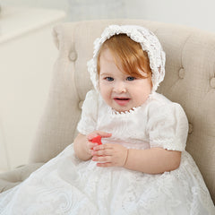New Arrival Noble Baby Girls Christening Dress White Baptism Gown Lace WITH BONNET Dress 0-24month