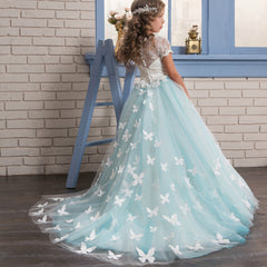 Butterfly  Flower Girl Dress Fancy Tulle Lace Short Sleeved Pageant Dress princess dress Ball Gown Princess Girl Birthday Dresses