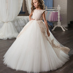 First Communion Dress Tulle Satin Lace Cap Sleeves Pageant Fancy Girls Ball Gown Princess kids Birthday Dresses Flower Girl Dress
