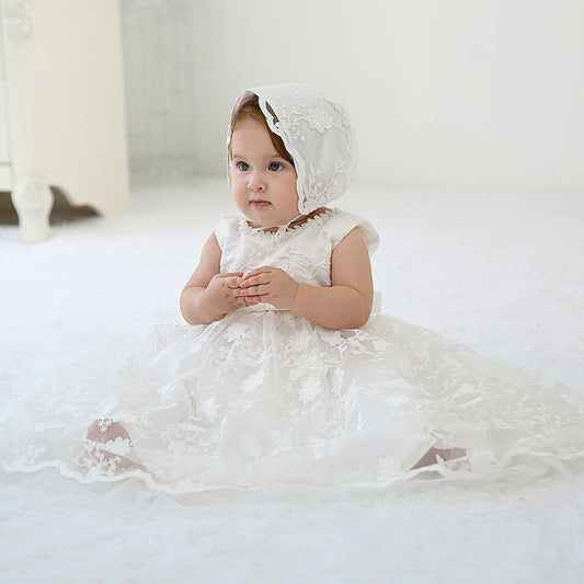 Baby Embroidered Christening Sleeveless Gown Newborn infant Gown with Bonnet Set