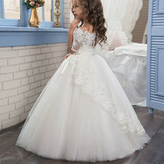 Communion Off Shoulder Flower Girl Dress Half Sleeve Lace Applique Bridesmaid Dress Fancy Pageant Princess Tulle Dress for Party