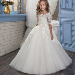 Communion Off Shoulder Flower Girl Dress Half Sleeve Lace Applique Bridesmaid Dress Fancy Pageant Princess Tulle Dress for Party