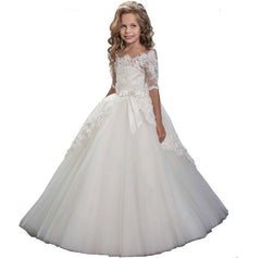 Communion Off Shoulder Flower Girl Dress Half Sleeve Lace Applique Bridesmaid Dress Fancy Pageant Princess Tulle Dress for Party