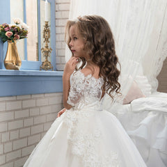Communion Off Shoulder Flower Girl Dress Half Sleeve Lace Applique Bridesmaid Dress Fancy Pageant Princess Tulle Dress for Party