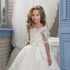 Communion Off Shoulder Flower Girl Dress Half Sleeve Lace Applique Bridesmaid Dress Fancy Pageant Princess Tulle Dress for Party