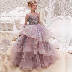 Flower Girl Dresses for Wedding Floor Length Ball Gown Pageant Puffy Tulle Dresses Flower Embroidery Princess Dresses