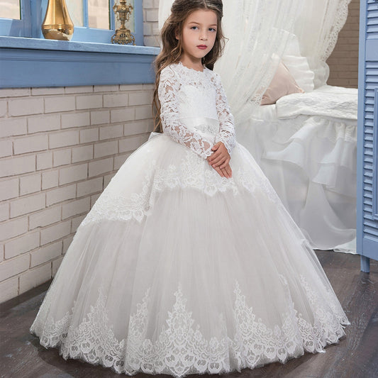 First Communion Ball Gowns Lace Appliques Ruffled Long Sleeves Girl Pageant Dresses Full Fancy Dresses