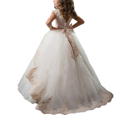 First Communion Dress Tulle Satin Lace Cap Sleeves Pageant Fancy Girls Ball Gown Princess kids Birthday Dresses Flower Girl Dress