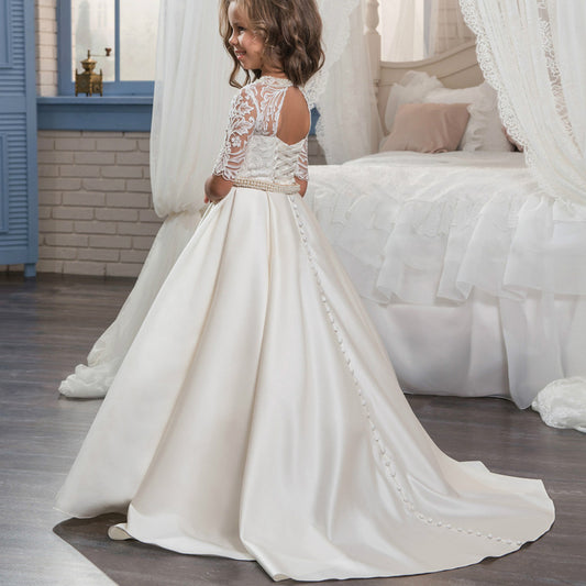 Beautiful First Communion Dress Half Sleeves Lace Satin Princess Ball Gown Hollow Back Flower Girl Dress