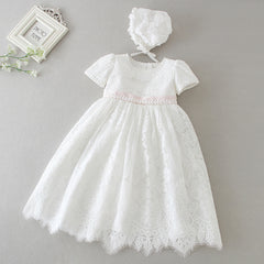 New Arrival Noble Baby Girls Christening Dress White Baptism Gown Lace WITH BONNET Dress 0-24month