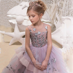 Flower Girl Dresses for Wedding Floor Length Ball Gown Pageant Puffy Tulle Dresses Flower Embroidery Princess Dresses