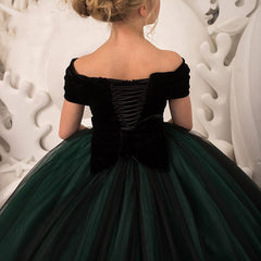 Dark Green Velvet Flower Girl Dress Birthday Wedding party Bridesmaid Holiday Black Velvet Flower Girl Dress