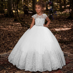 Flower Girl Dresses for Wedding Short Sleeve Lace Appliques Buttons Back Pageant Dresses Ball Gowns Princess Birthday Dresses