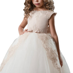 First Communion Dress Tulle Satin Lace Cap Sleeves Pageant Fancy Girls Ball Gown Princess kids Birthday Dresses Flower Girl Dress