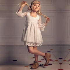 Little Girl Country Flower Girl Dress White Lace Birthday Party Romper Long Sleeves Princess Dress for Kids