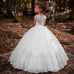 Flower Girl Dresses for Wedding Short Sleeve Lace Appliques Buttons Back Pageant Dresses Ball Gowns Princess Birthday Dresses