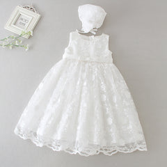 Baby Embroidered Christening Sleeveless Gown Newborn infant Gown with Bonnet Set