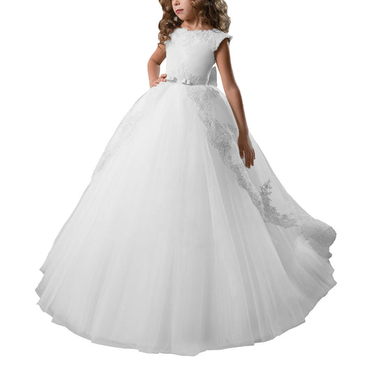 First Communion Dress Tulle Satin Lace Cap Sleeves Pageant Fancy Girls Ball Gown Princess kids Birthday Dresses Flower Girl Dress